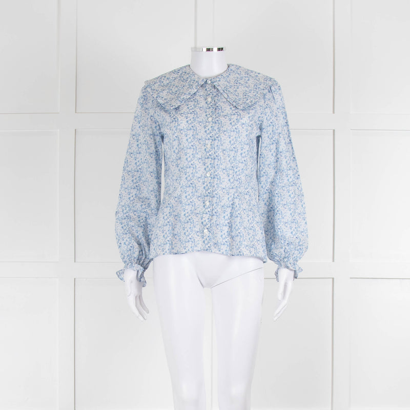 Ridley Blue White Floral Big Collar Cotton Blouse