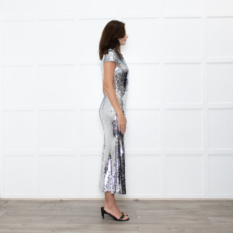 Self-Portrait Silver Sequin Twist Front Gown