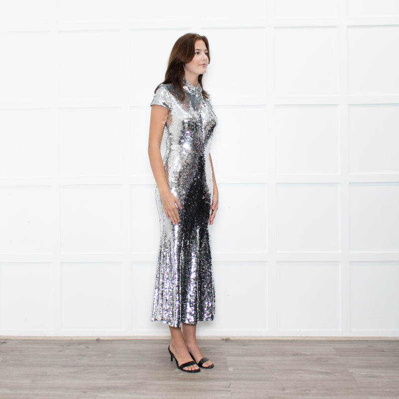 Self-Portrait Silver Sequin Twist Front Gown