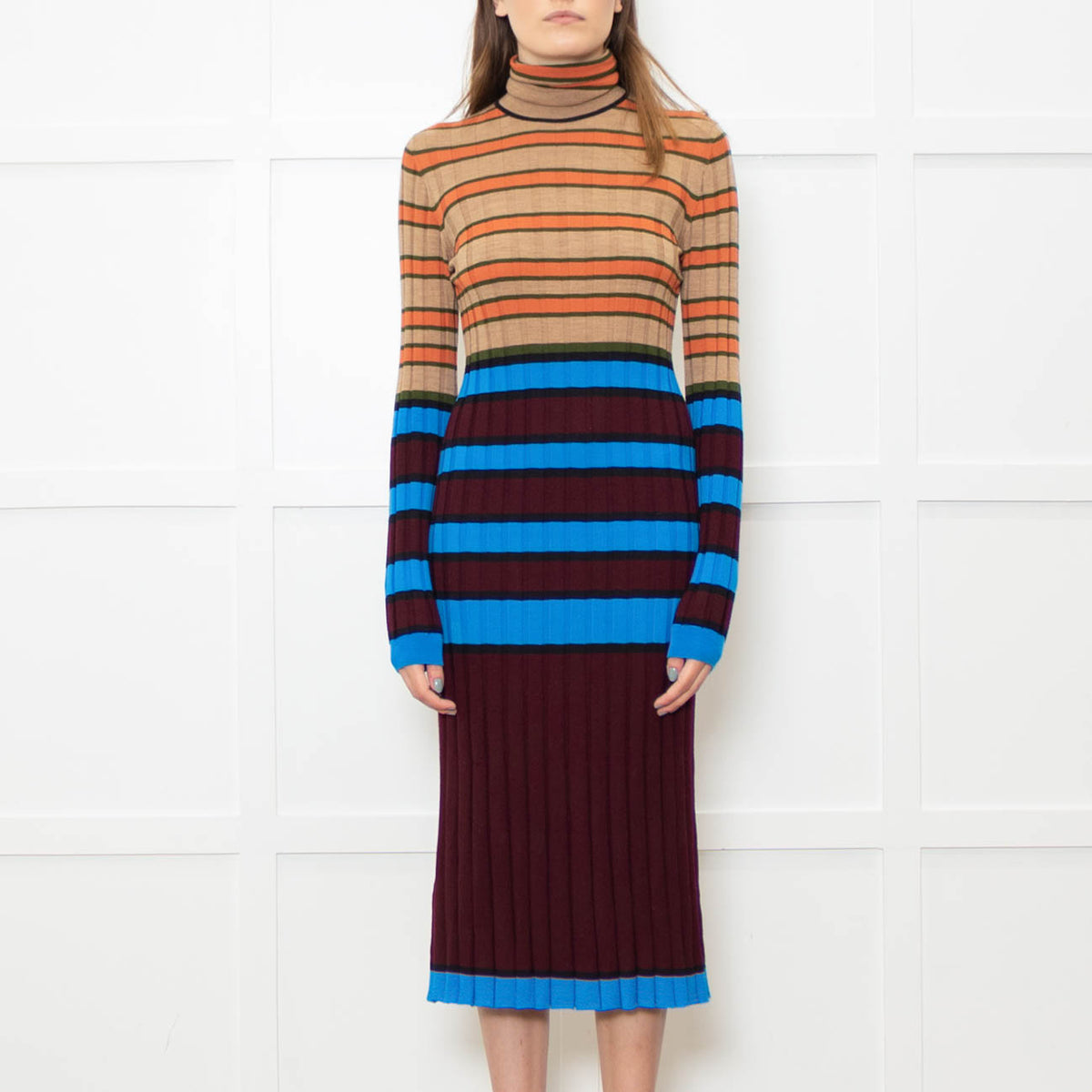 Marni Blue, Camel, Burgundy and Orange Stripe Knitted Midi Dress
