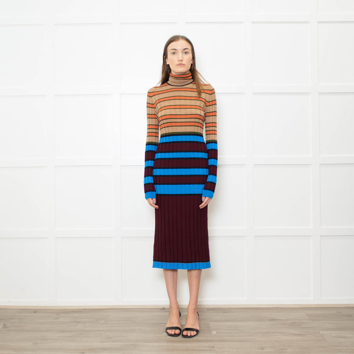 Marni Blue, Camel, Burgundy and Orange Stripe Knitted Midi Dress