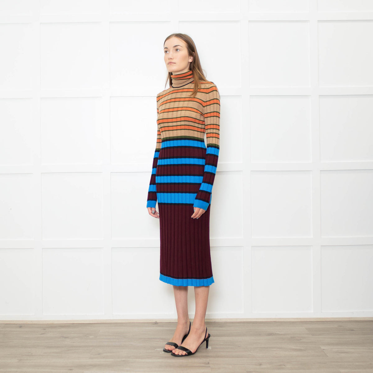 Marni Blue, Camel, Burgundy and Orange Stripe Knitted Midi Dress