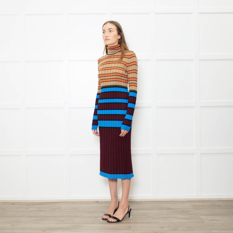 Marni Blue, Camel, Burgundy and Orange Stripe Knitted Midi Dress