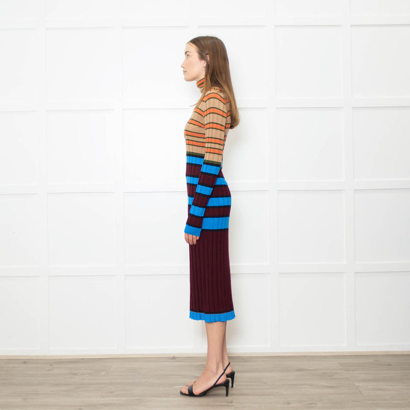 Marni Blue, Camel, Burgundy and Orange Stripe Knitted Midi Dress