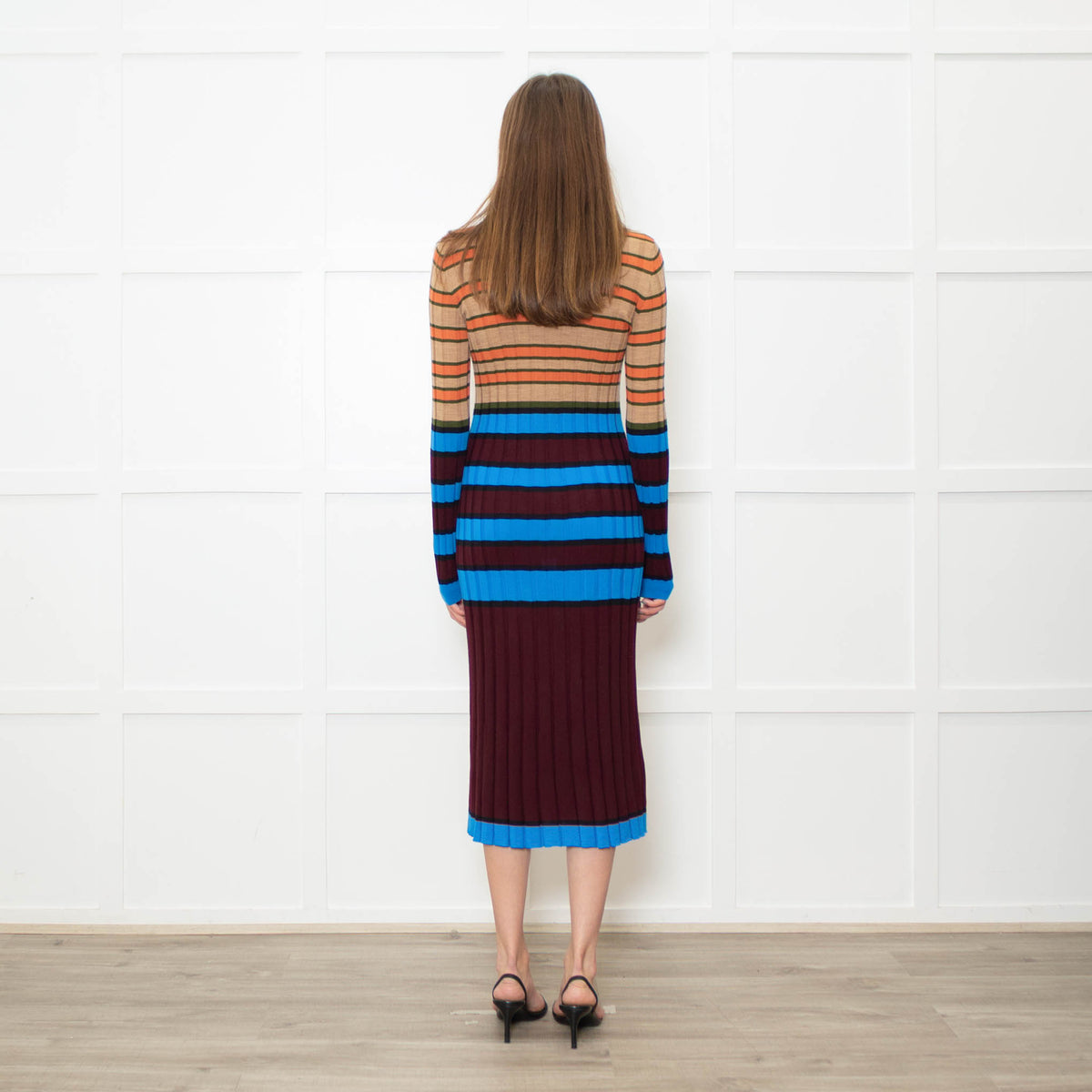 Marni Blue, Camel, Burgundy and Orange Stripe Knitted Midi Dress