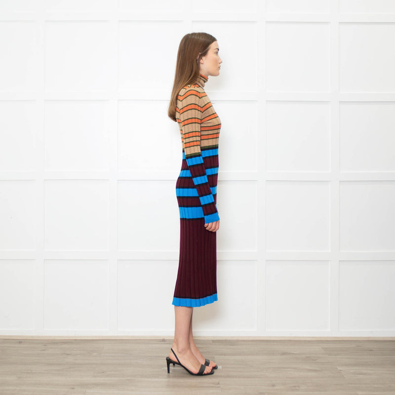 Marni Blue, Camel, Burgundy and Orange Stripe Knitted Midi Dress