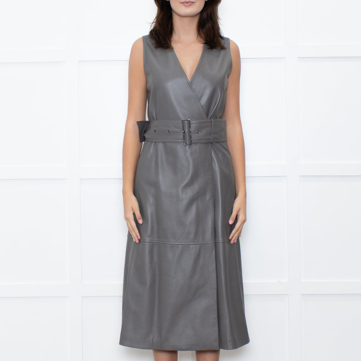 Joseph Grey Leather Belted Sleeveless Dress