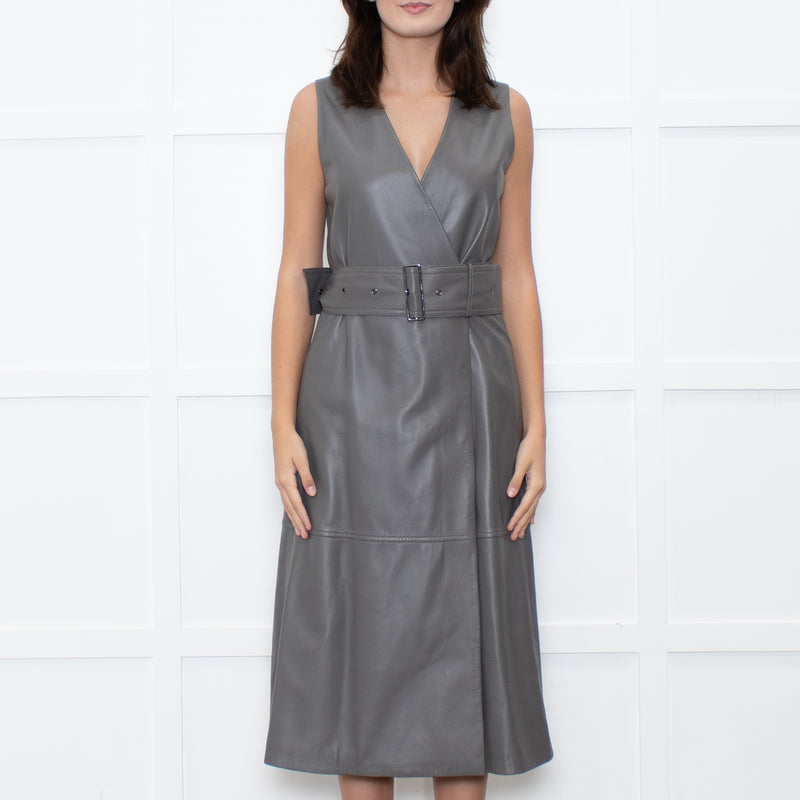 Joseph Grey Leather Belted Sleeveless Dress