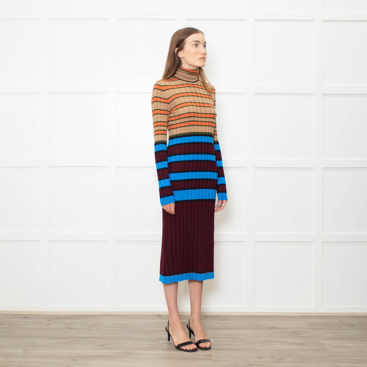 Marni Blue, Camel, Burgundy and Orange Stripe Knitted Midi Dress