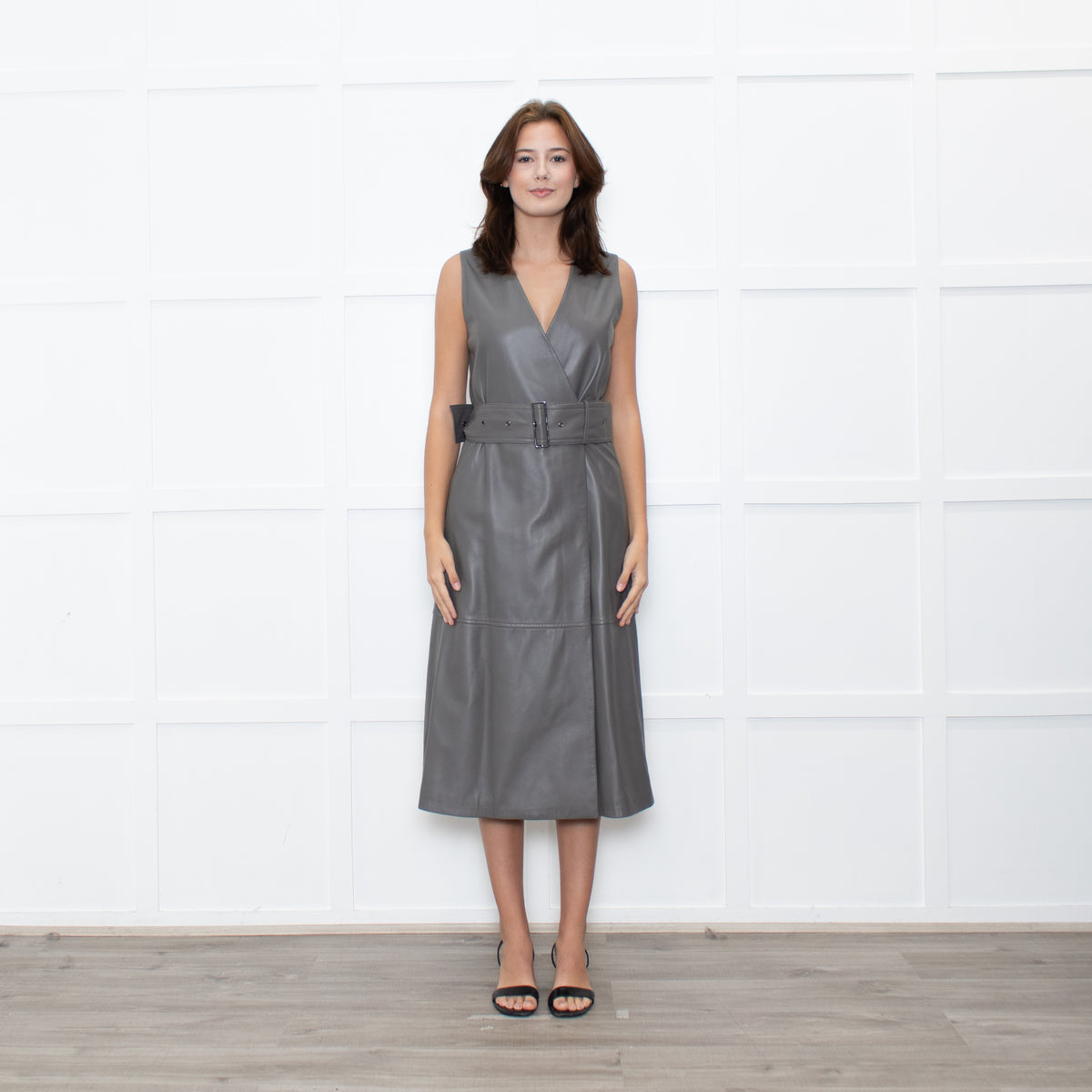 Joseph Grey Leather Belted Sleeveless Dress