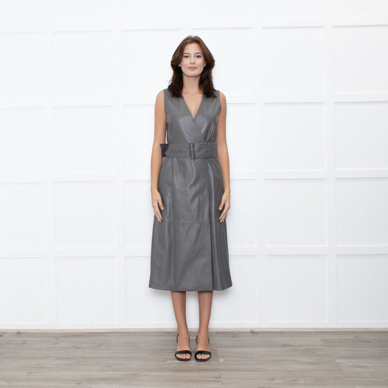 Joseph Grey Leather Belted Sleeveless Dress