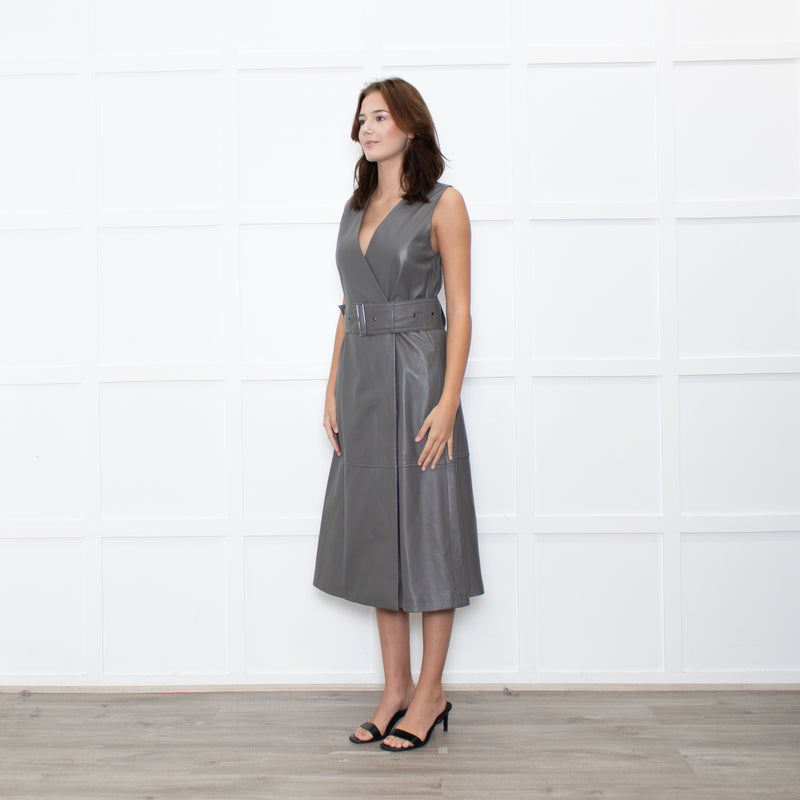Joseph Grey Leather Belted Sleeveless Dress