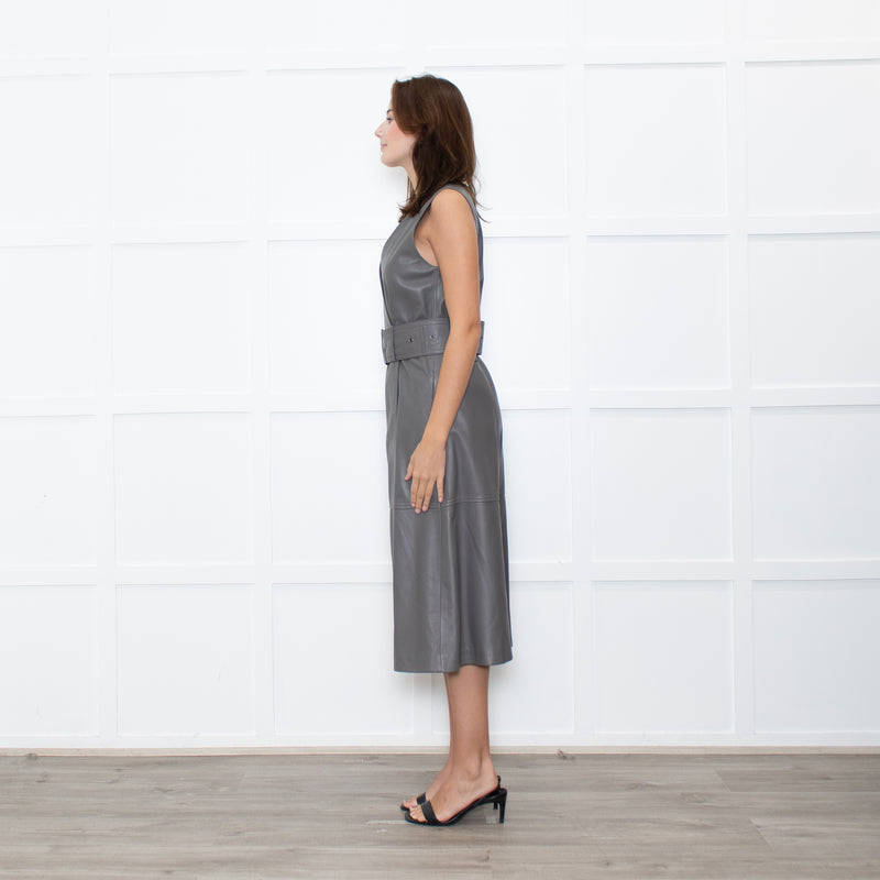 Joseph Grey Leather Belted Sleeveless Dress