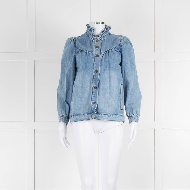 Wyse Blue Frill Detail Neck Front Button Denim Shirt