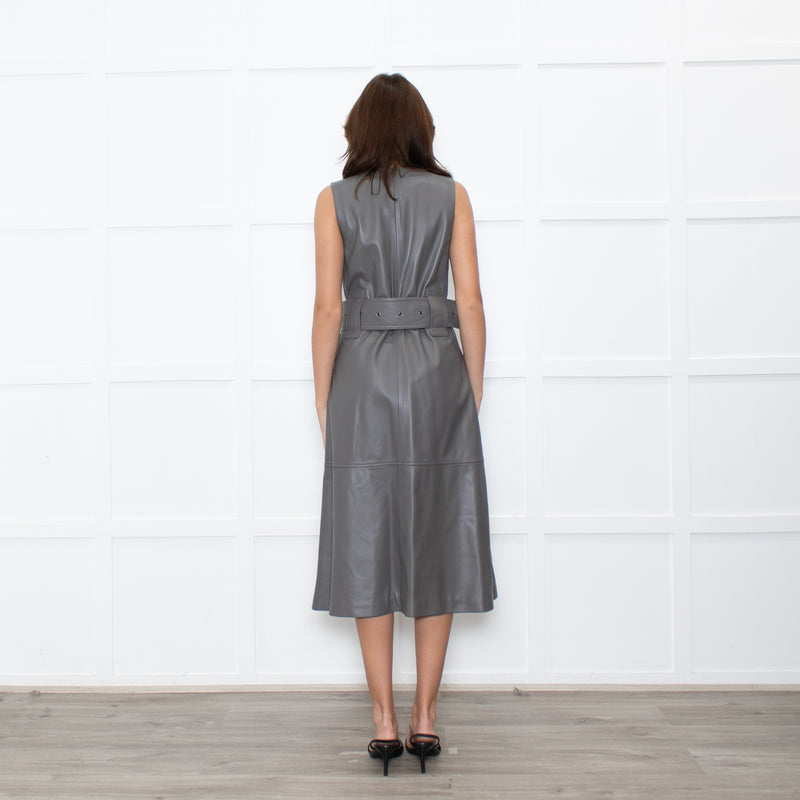 Joseph Grey Leather Belted Sleeveless Dress