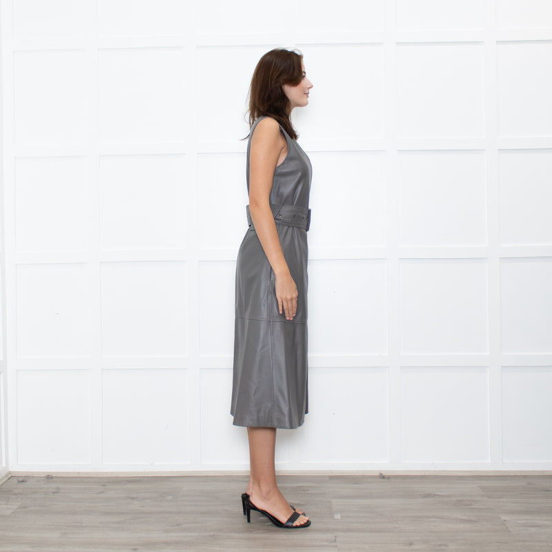 Joseph Grey Leather Belted Sleeveless Dress
