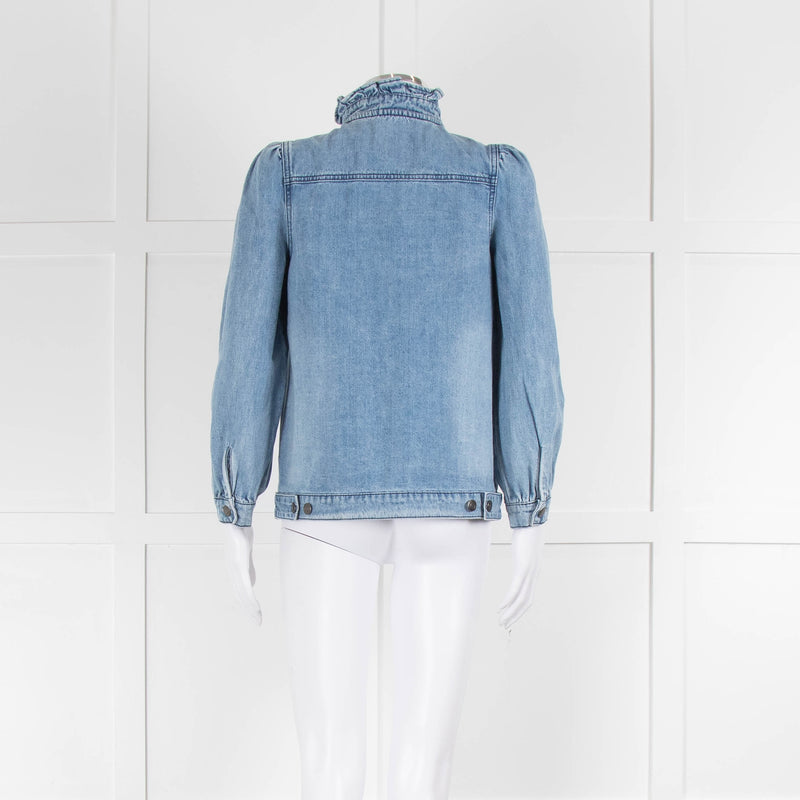 Wyse Blue Frill Detail Neck Front Button Denim Shirt
