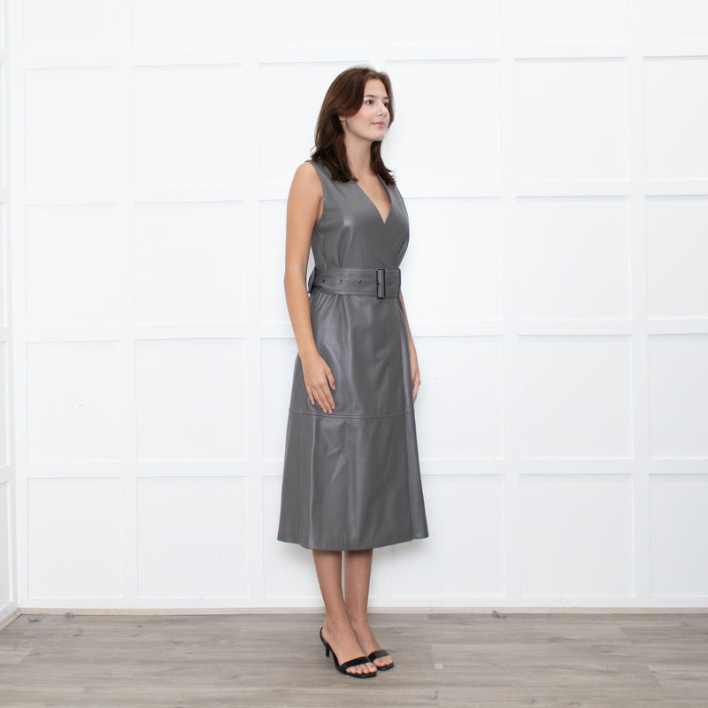 Joseph Grey Leather Belted Sleeveless Dress
