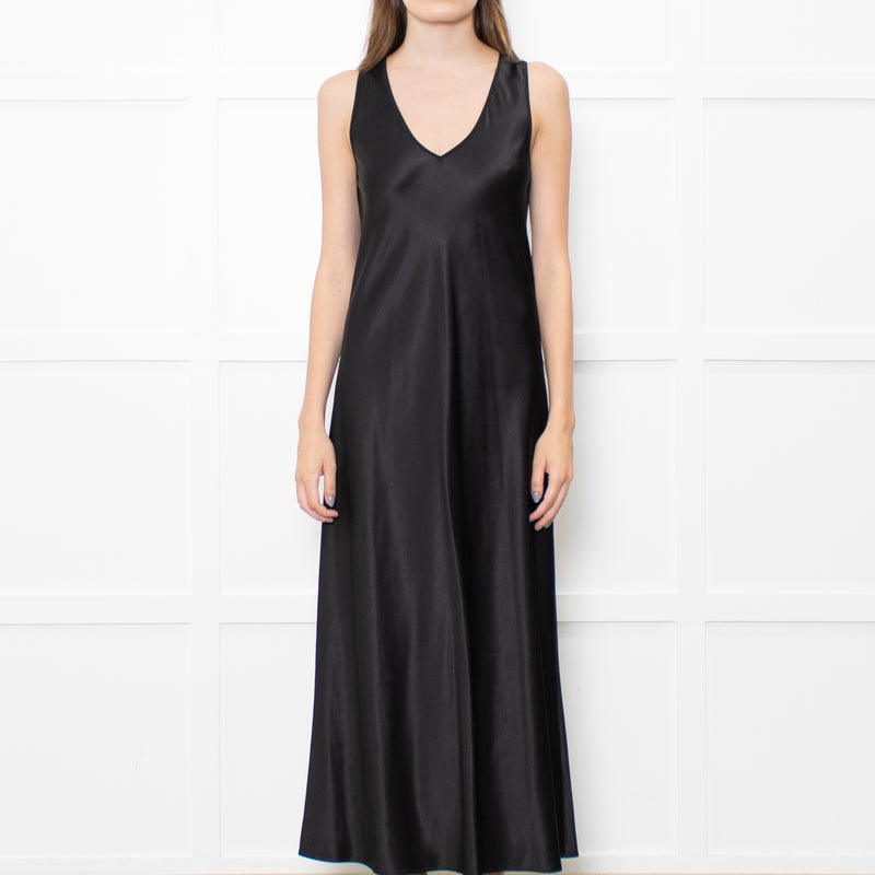 Joseph Black Satin V Neck Long Sleeveless Dress