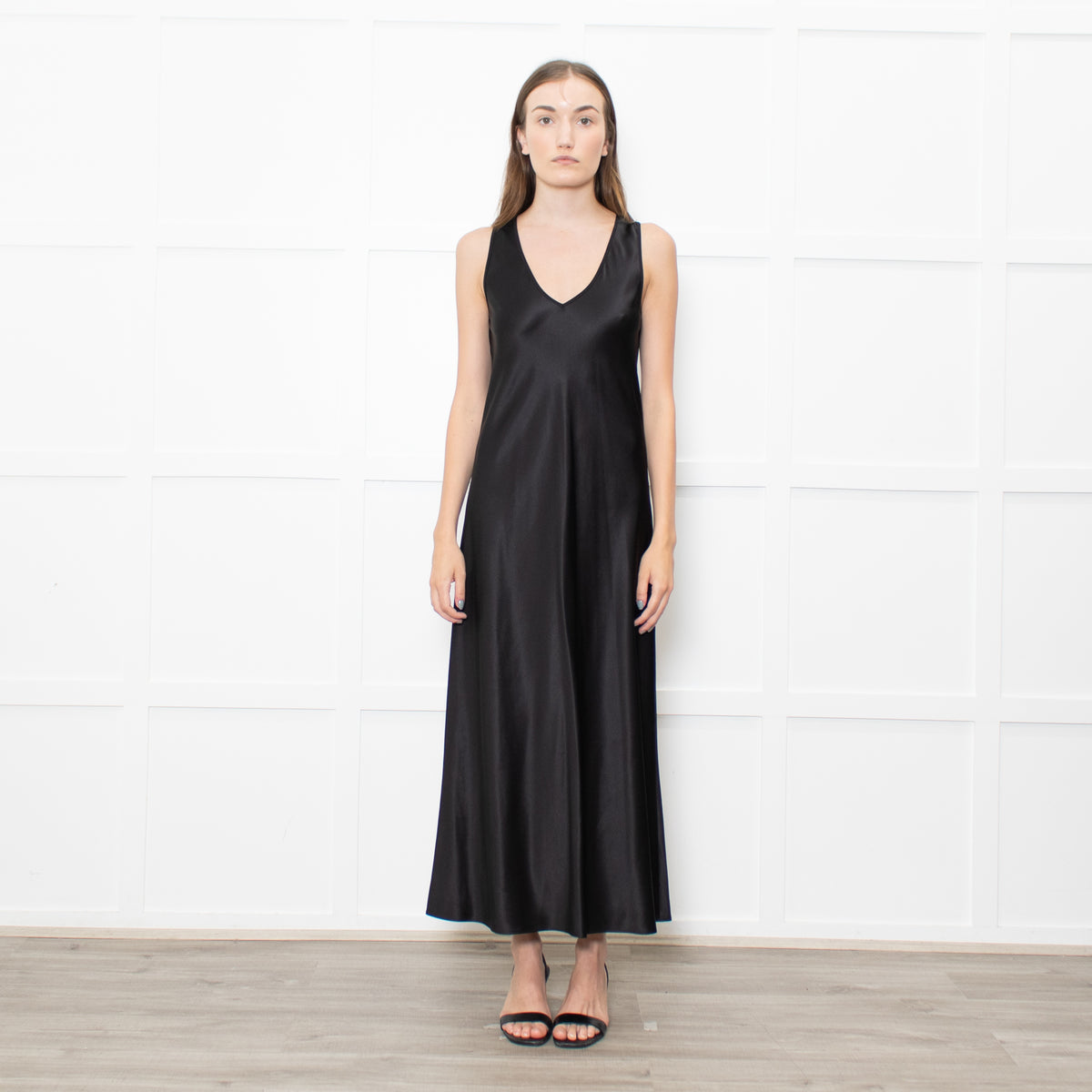 Joseph Black Satin V Neck Long Sleeveless Dress