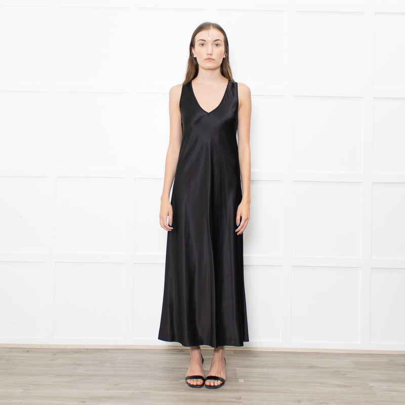 Joseph Black Satin V Neck Long Sleeveless Dress