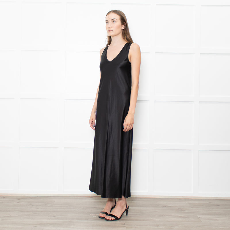 Joseph Black Satin V Neck Long Sleeveless Dress