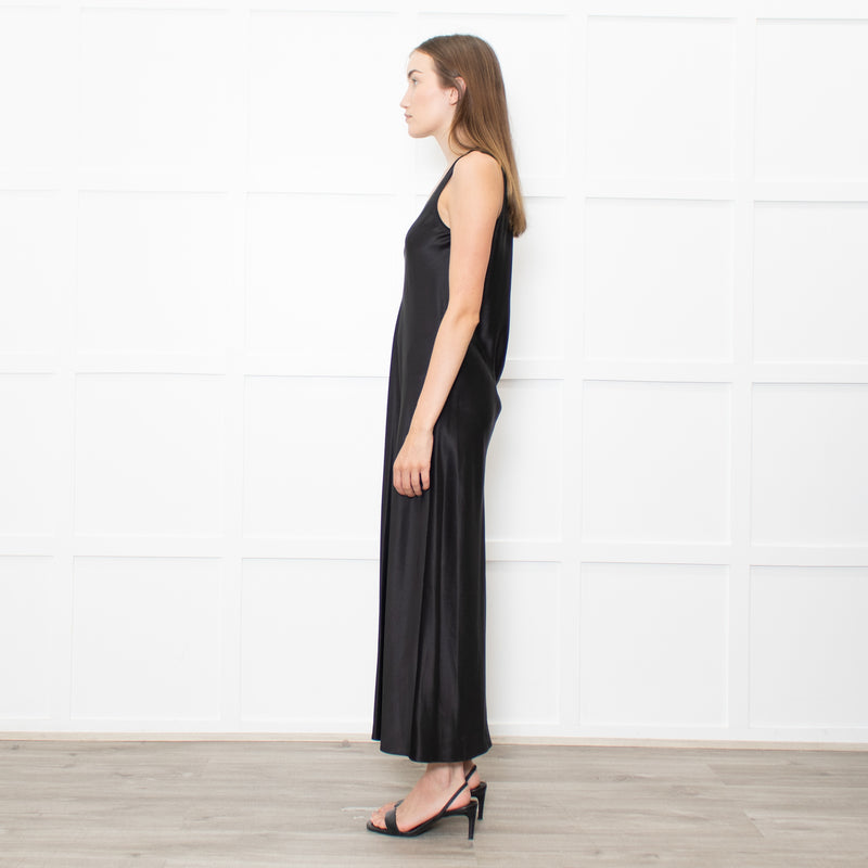 Joseph Black Satin V Neck Long Sleeveless Dress
