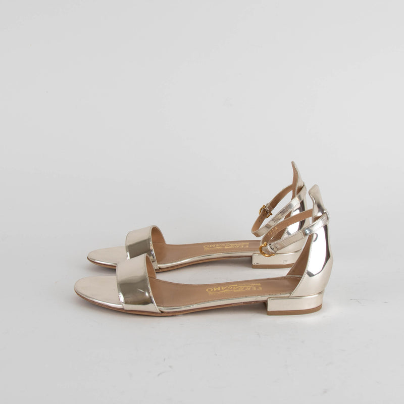 Salvatore Ferragamo Gold Mirror Leather Flat Sandals