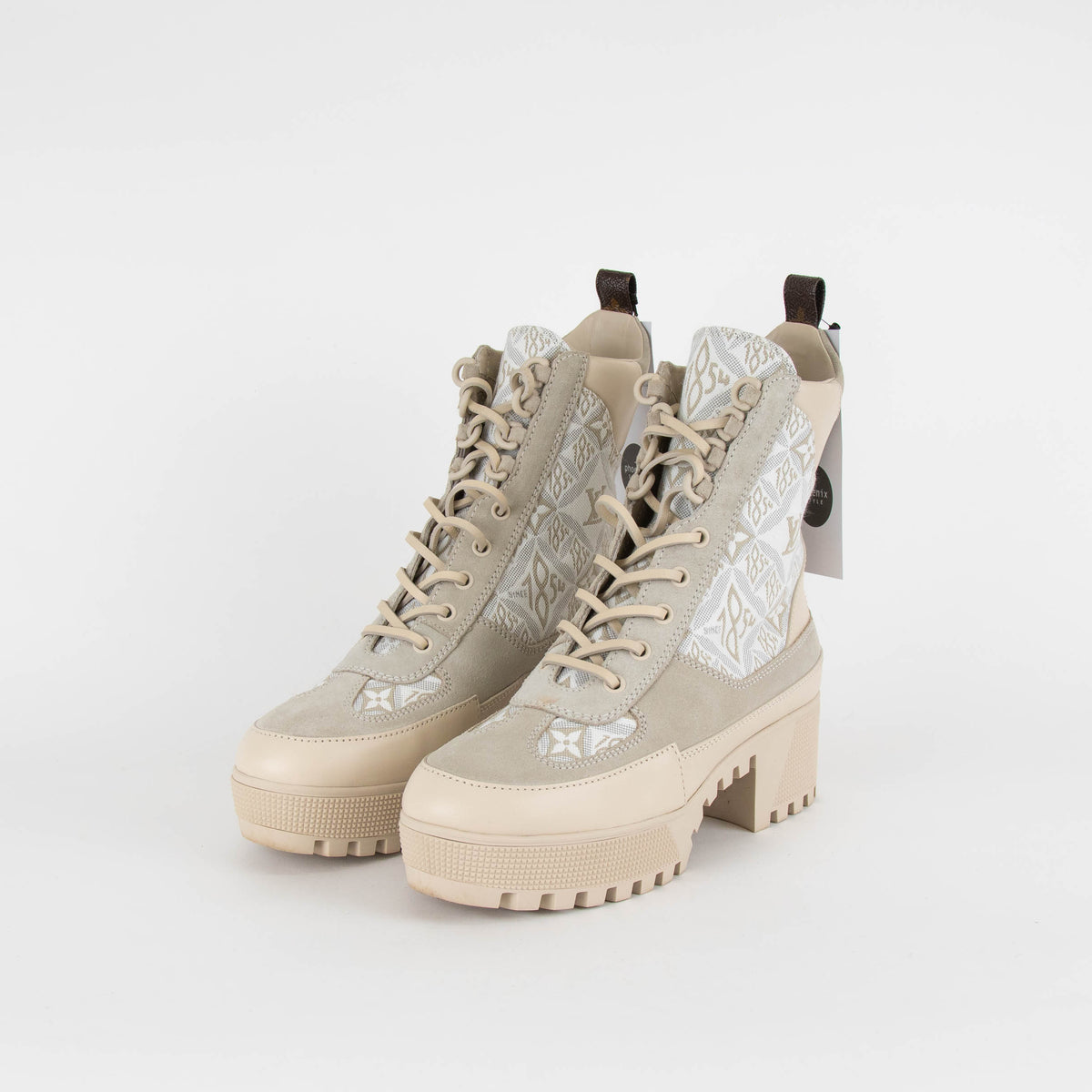 Louis Vuitton Beige Loreate Jacquard Combat Boots