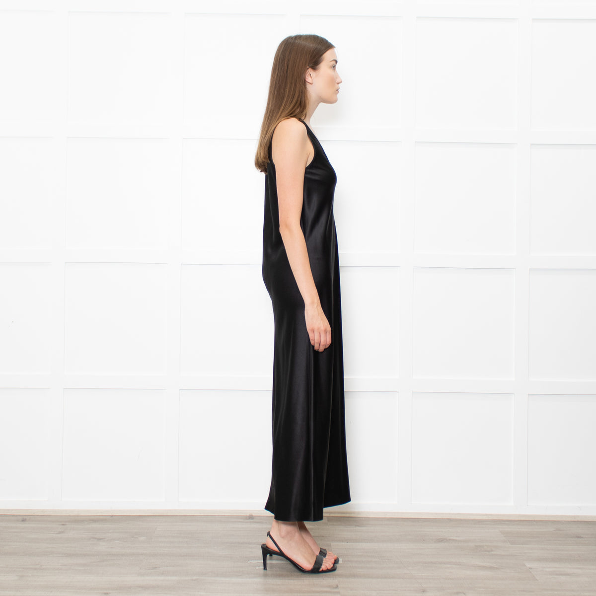 Joseph Black Satin V Neck Long Sleeveless Dress