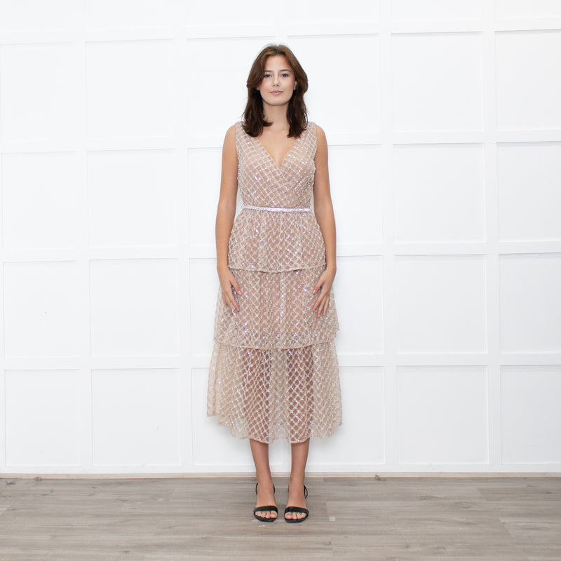 Self-Portrait Tan Grid SequinTiered Midi Dress