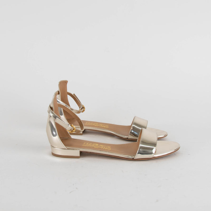 Salvatore Ferragamo Gold Mirror Leather Flat Sandals