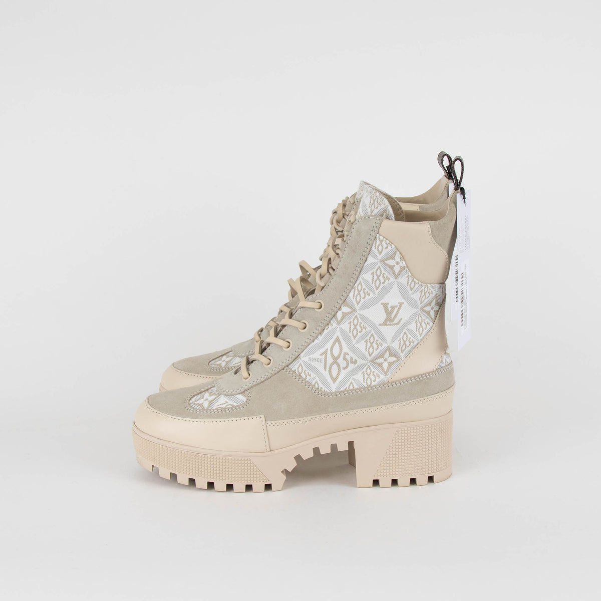 Louis Vuitton Beige Loreate Jacquard Combat Boots