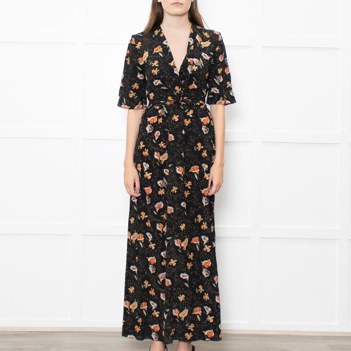 Raey Black Mustard Floral Short Sleeve Maxi Dress