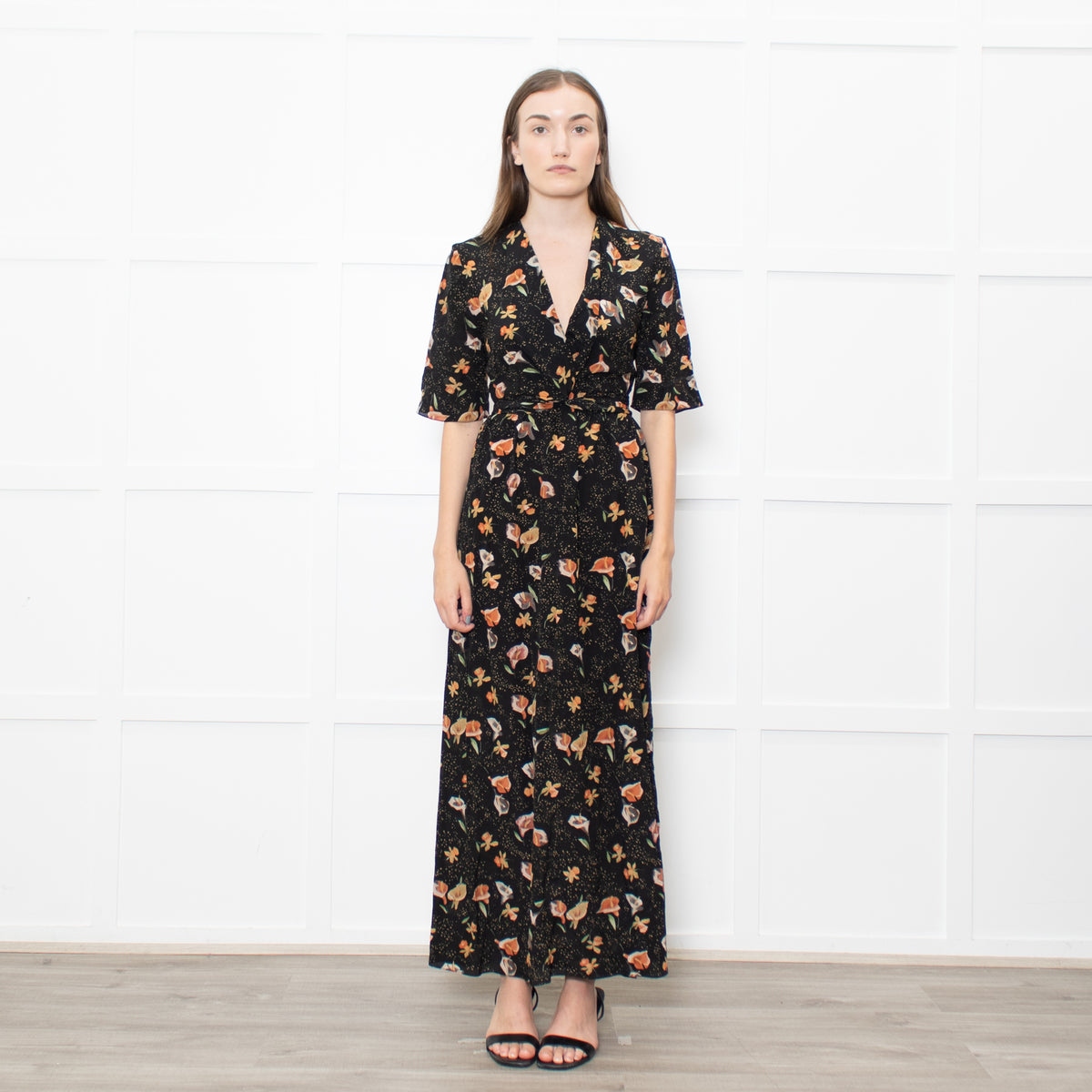 Raey Black Mustard Floral Short Sleeve Maxi Dress