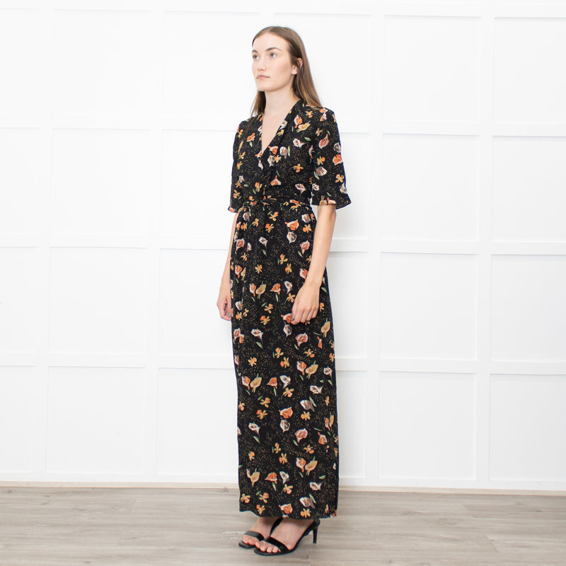 Raey Black Mustard Floral Short Sleeve Maxi Dress
