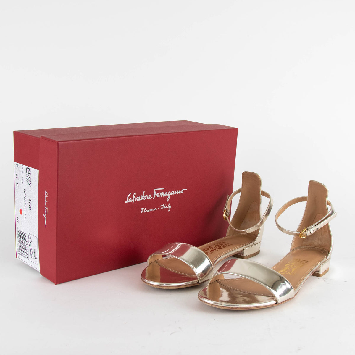 Salvatore Ferragamo Gold Mirror Leather Flat Sandals