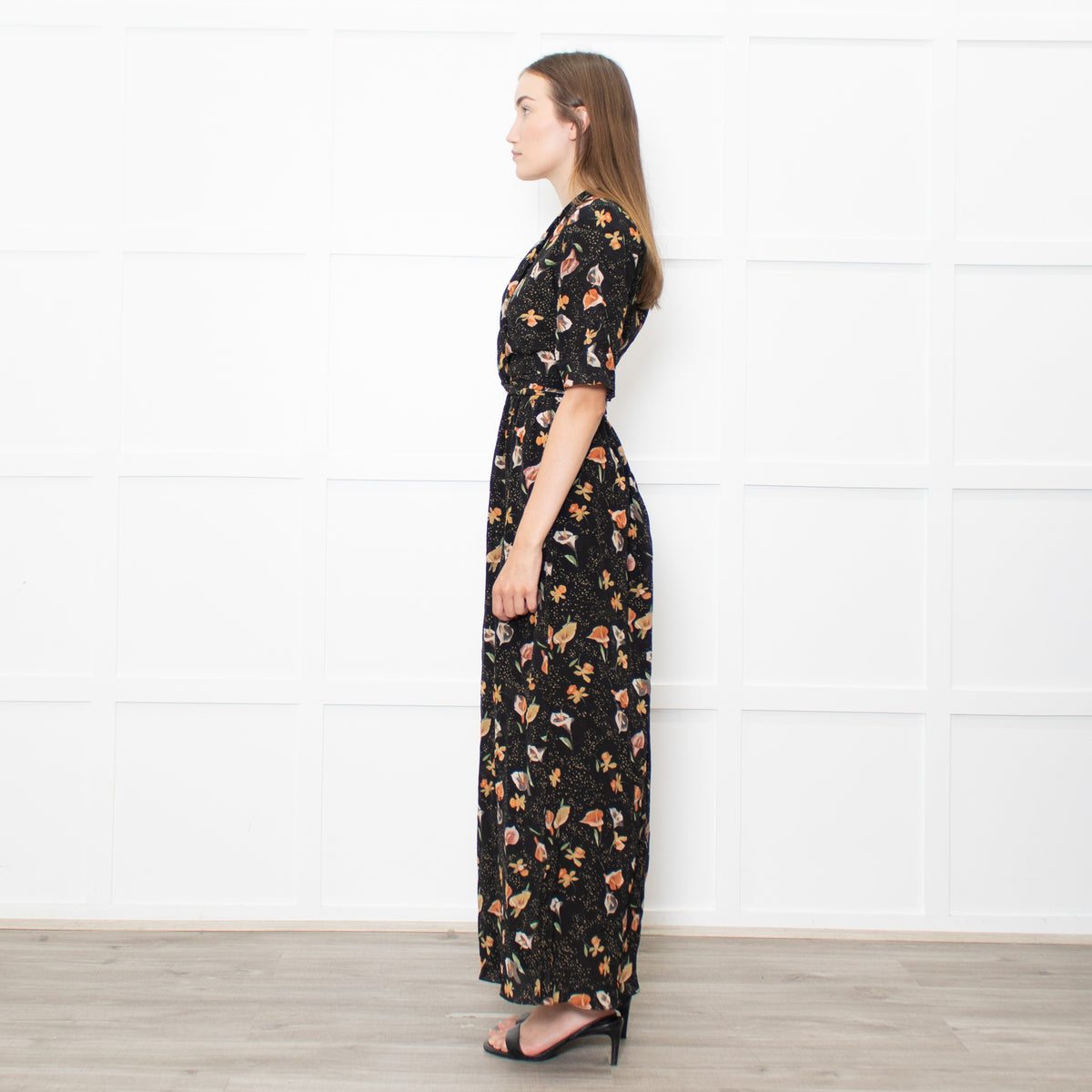 Raey Black Mustard Floral Short Sleeve Maxi Dress