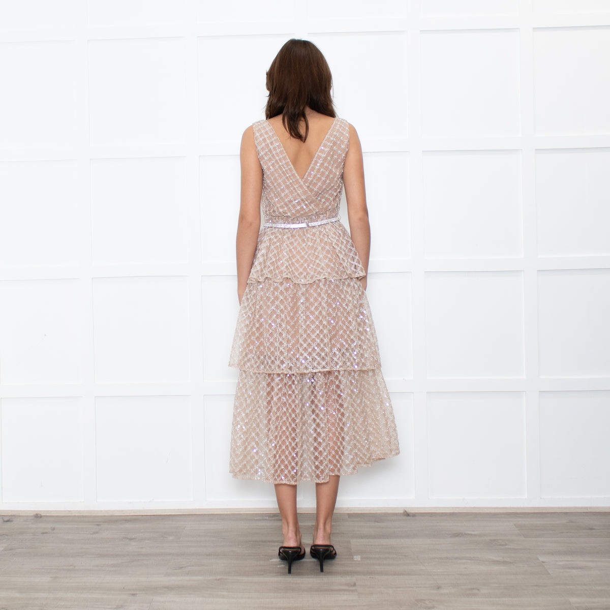 Self-Portrait Tan Grid SequinTiered Midi Dress