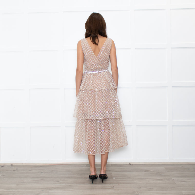Self-Portrait Tan Grid SequinTiered Midi Dress