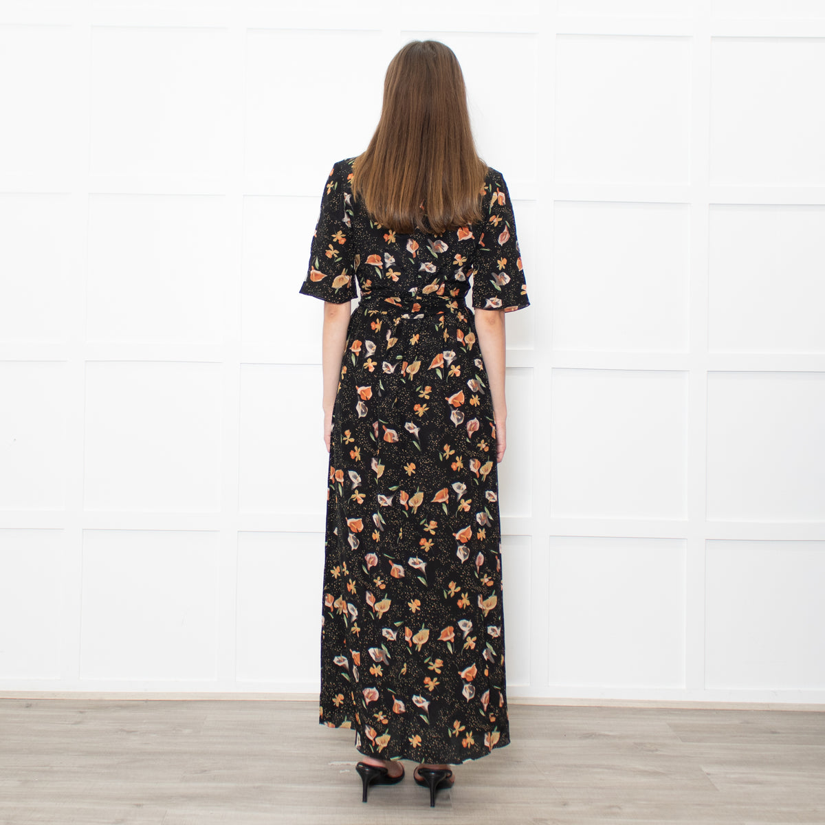 Raey Black Mustard Floral Short Sleeve Maxi Dress