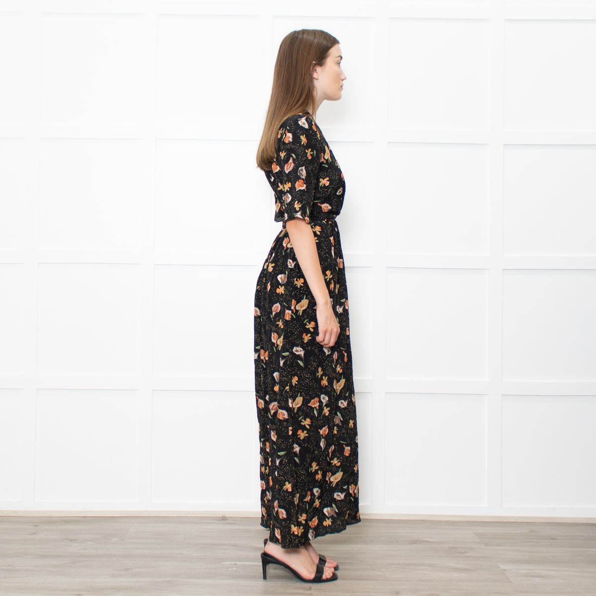 Raey Black Mustard Floral Short Sleeve Maxi Dress