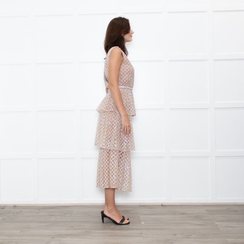 Self-Portrait Tan Grid SequinTiered Midi Dress