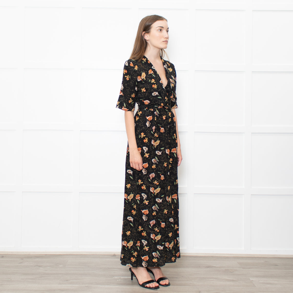 Raey Black Mustard Floral Short Sleeve Maxi Dress