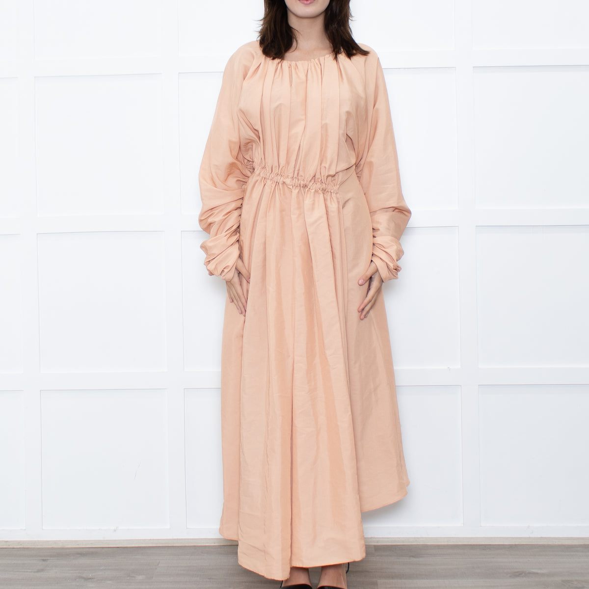 Jil Sander Peach Long Gathered Sleeve And Waist Dress
