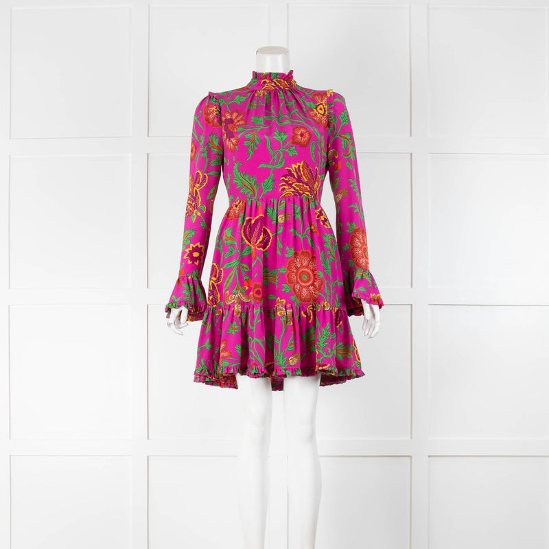 La Double J Pink Green Floral Frill Detail Long Sleeve Dress