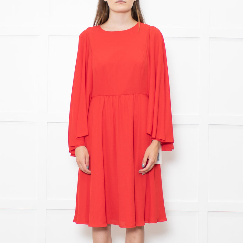 Mikael Aghal Red Fluted Sleeves Midi Dress