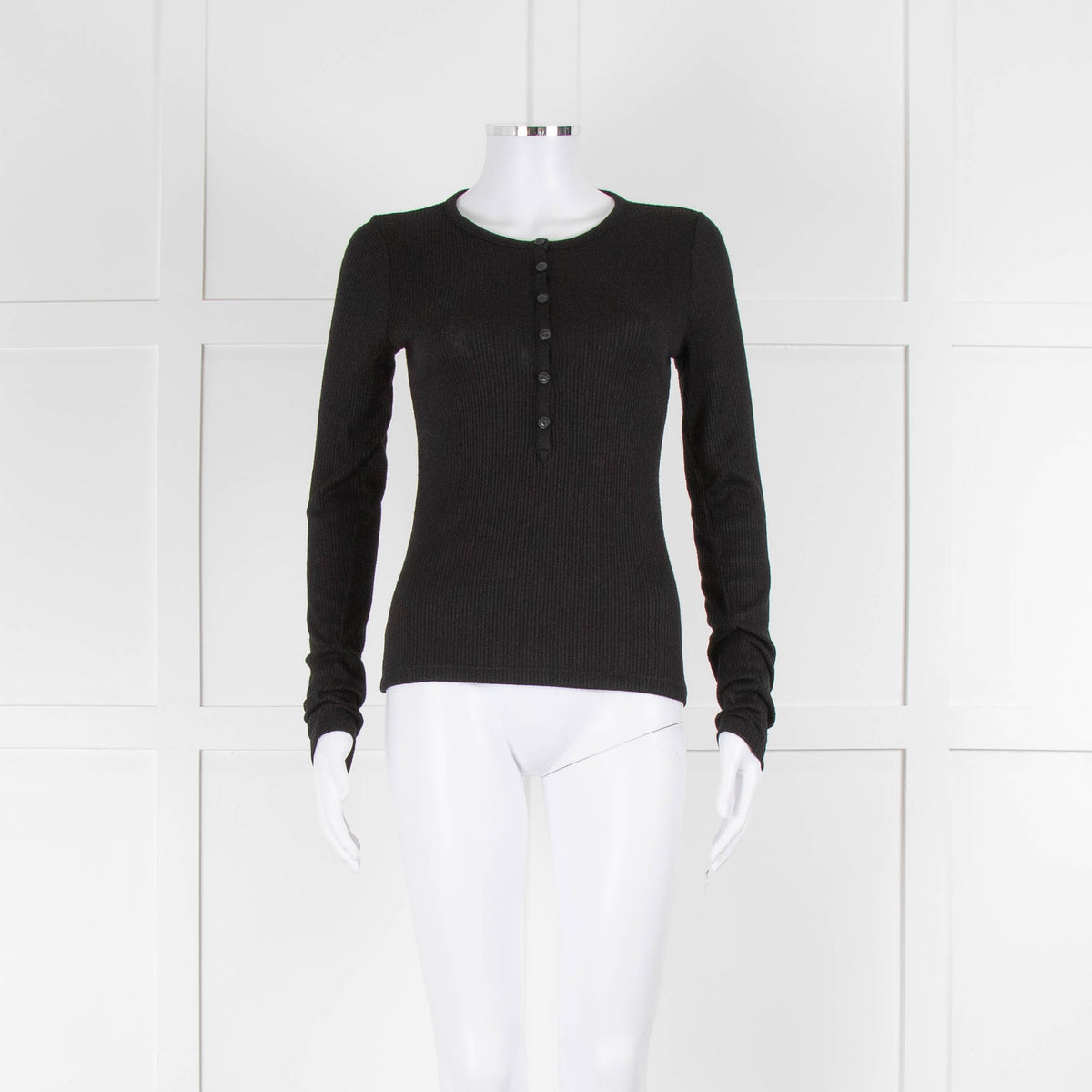 Rag & Bone Black Thin Rib Knit Button Long Slv Top