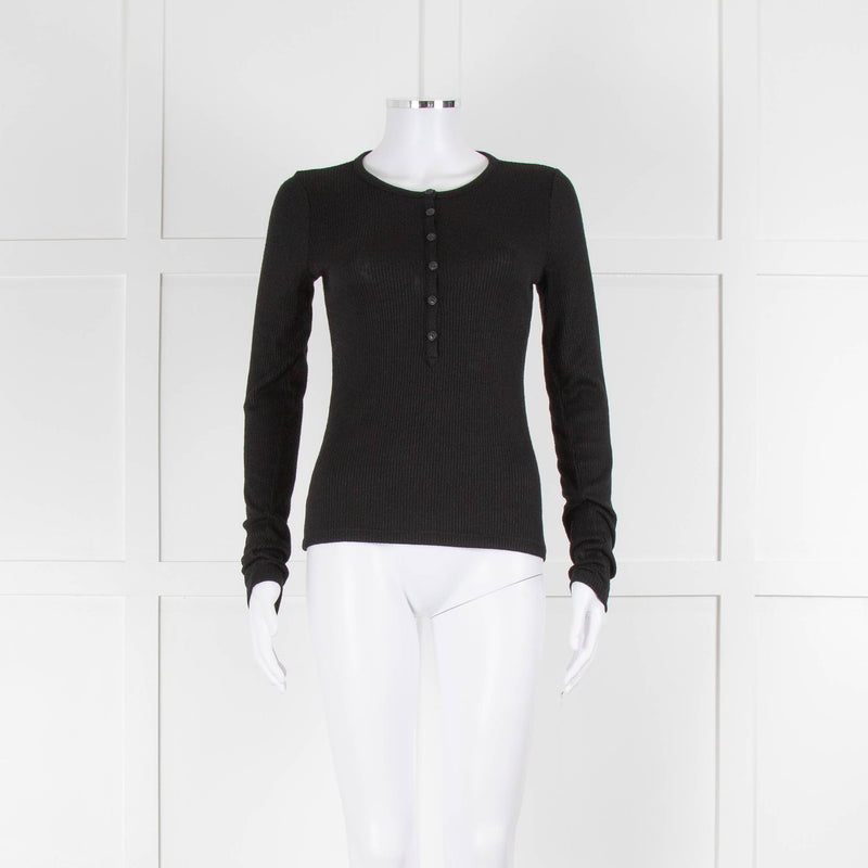 Rag & Bone Black Thin Rib Knit Button Long Slv Top