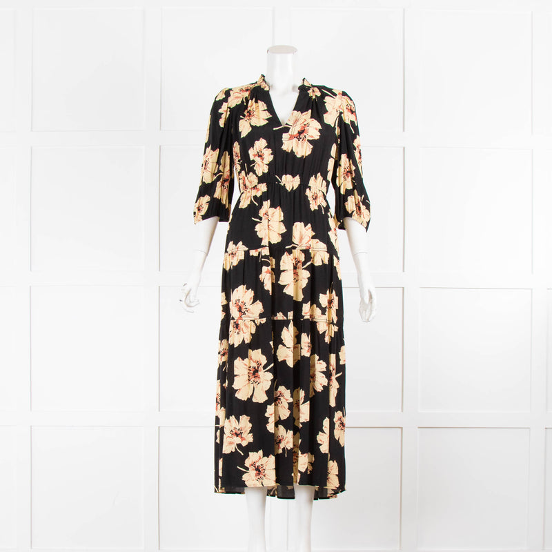 Ba&sh Frilled Collar Floral Midi Dress